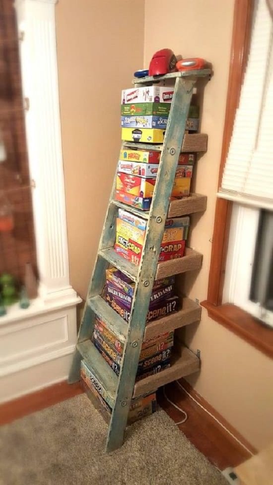 Repurposed Ladder Shelf Board Game Organizer