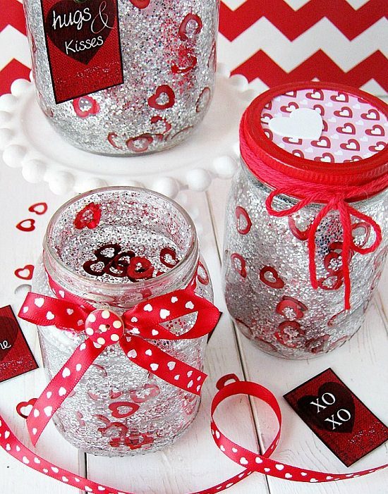 Red Valentine Jars with Glitter and Confetti