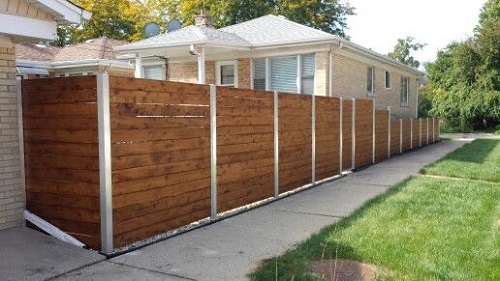 Horizontal Cedar Wood Fence with Metal Posts