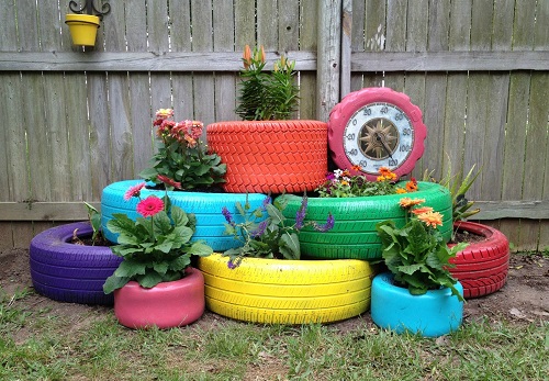 Stacked Colorful Tires Planters