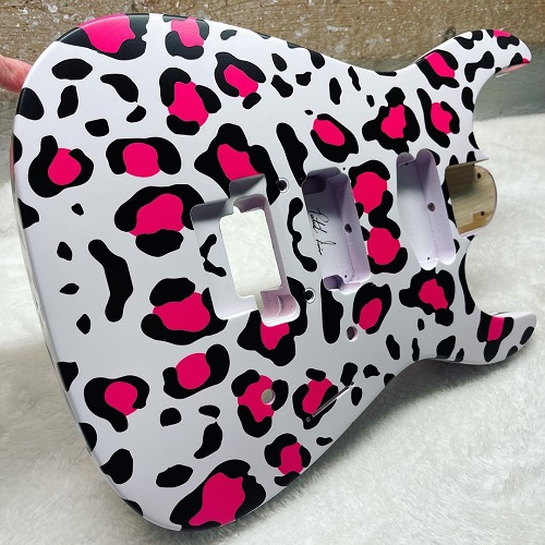 White, Black & Neon Pink Leopard Painted Guitar