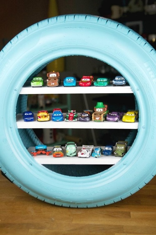 Big Car Tire Toy Car Storage Idea