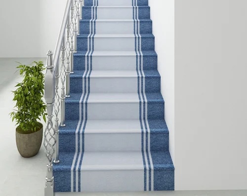 Blue and White Striped Tiled Staircase