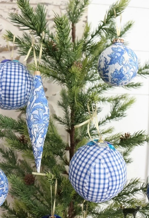 Blue and White Check Rag Ball Ornaments