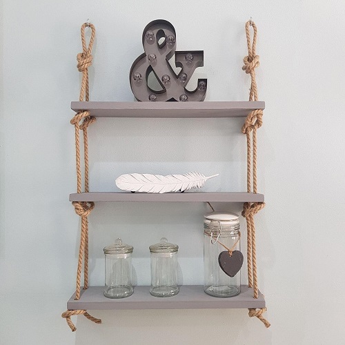 3 Tiered Hanging Wood and Rope Shelf