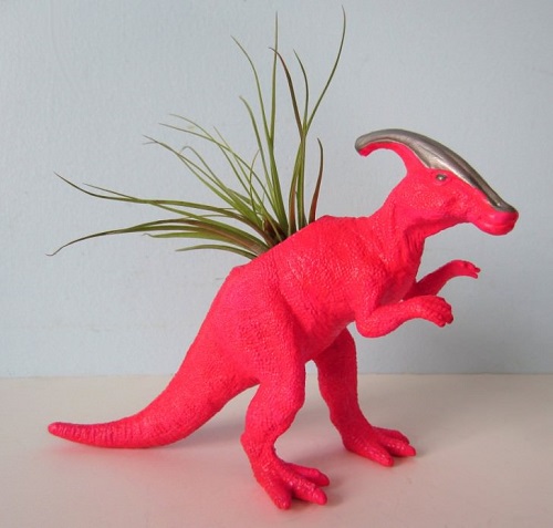 Neon Pink and Silver Duck-Billed Dino Planter