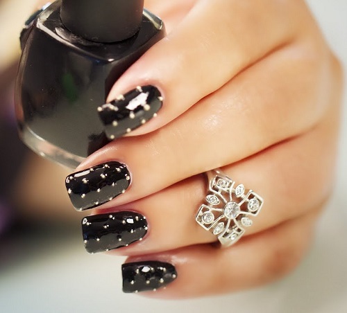 DIY Gothic Beads on Black Wedding Nail Art