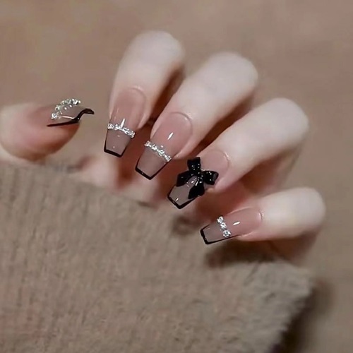 False Nails Design With Cute Black Bow Tie