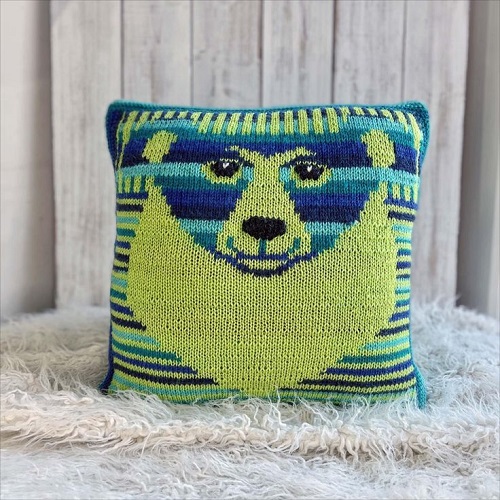 Vibrant Knitted Bear Pillow